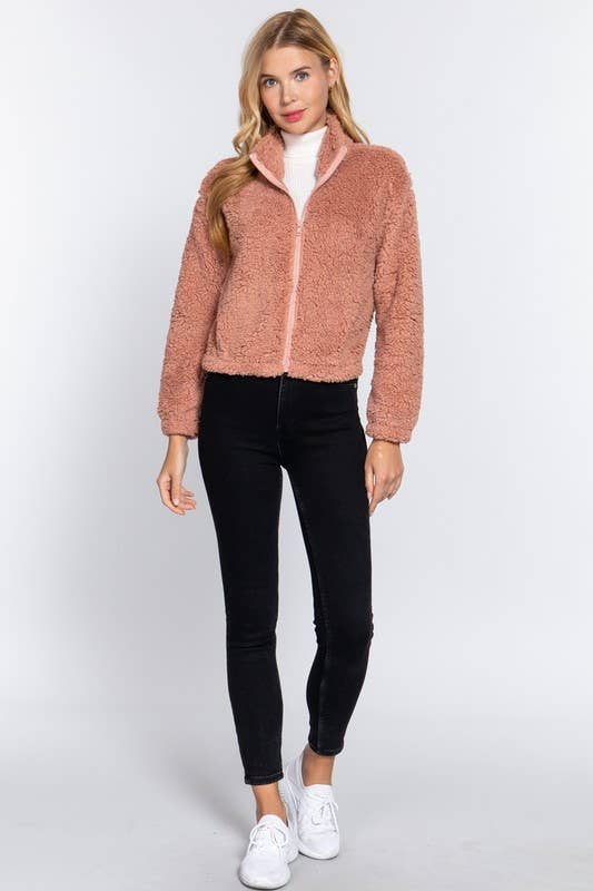 Long Sleeve Mock Neck Faux Fur Zip-up Jacket