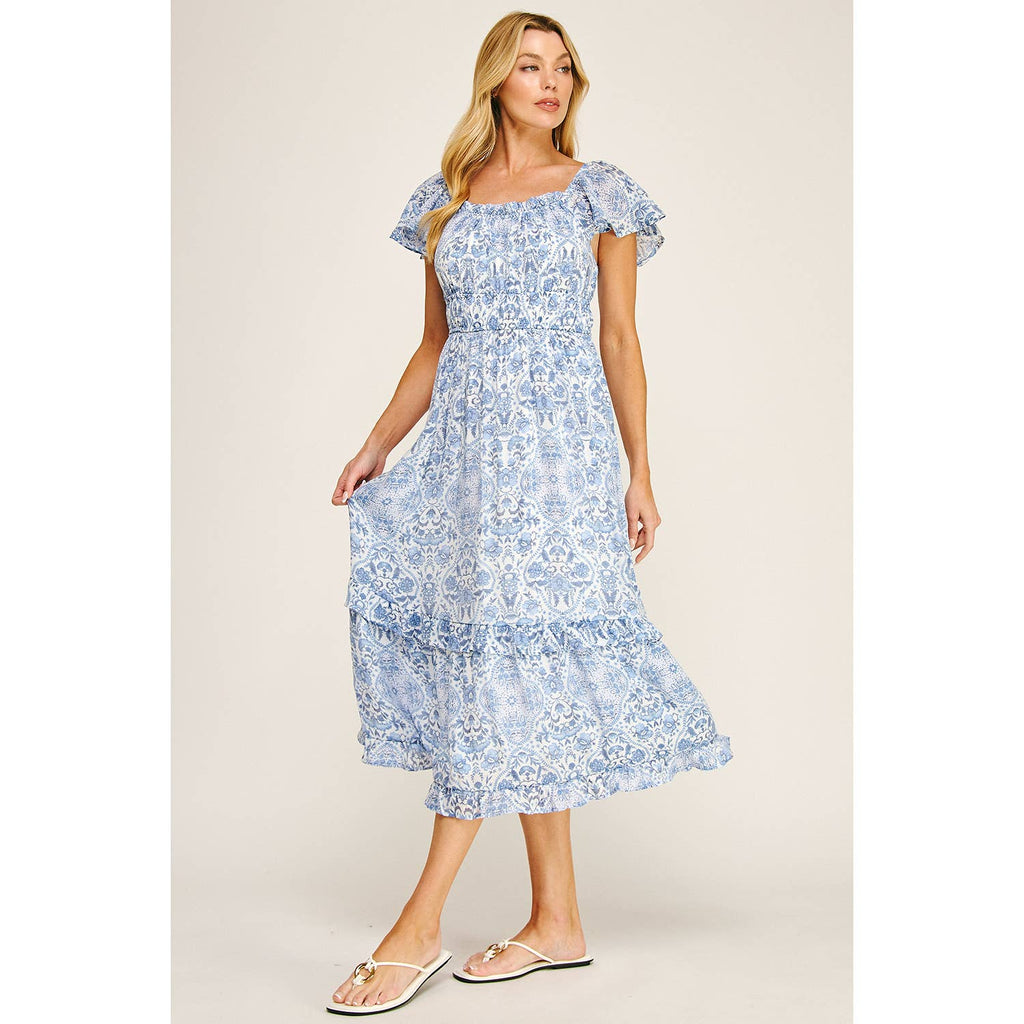 FLUTTER SLEEVE FLORAL TIERED MIDI DRESS
