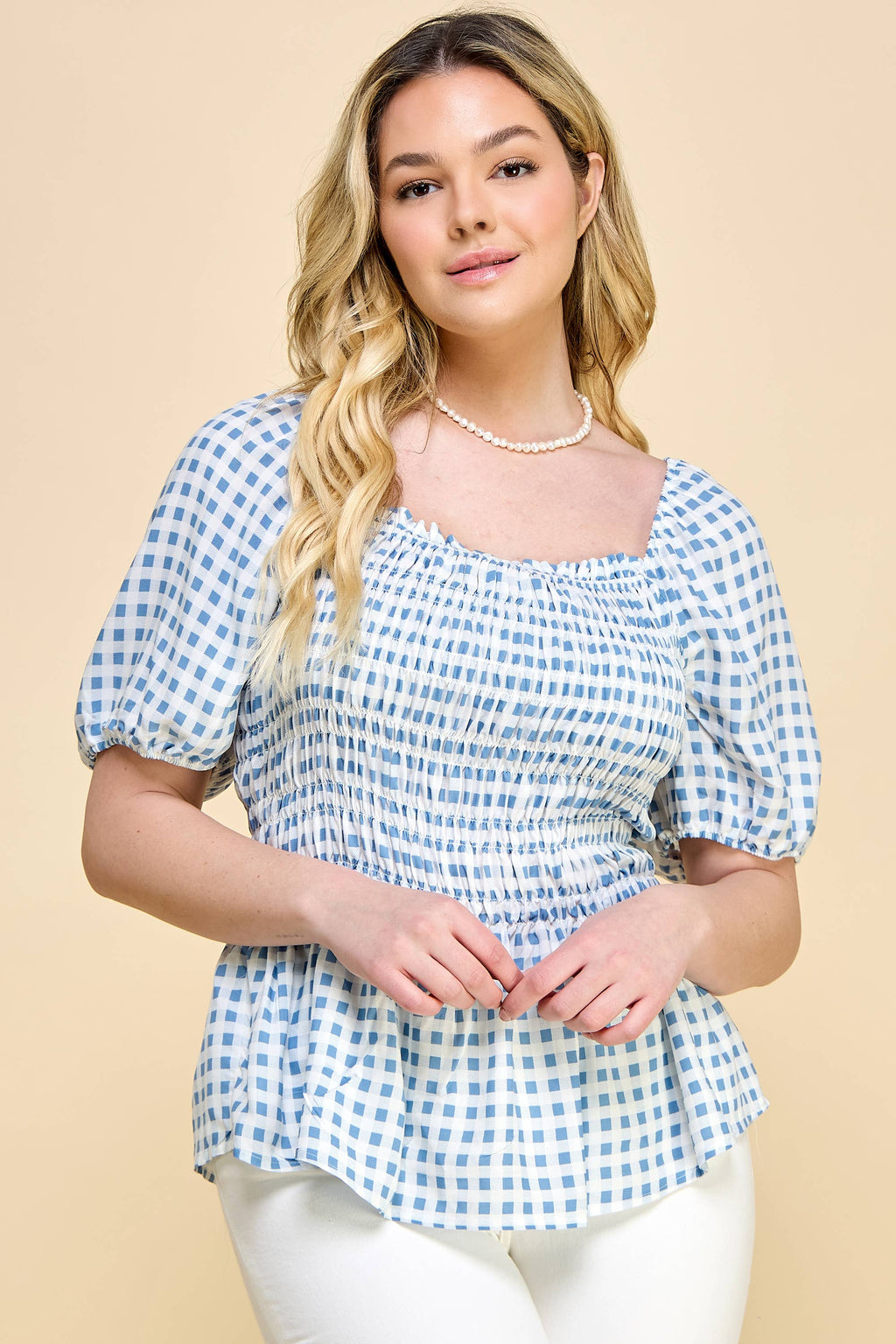 PLUS SIZE PUFF SLEEVE SMOCK BABY DOLL TOP