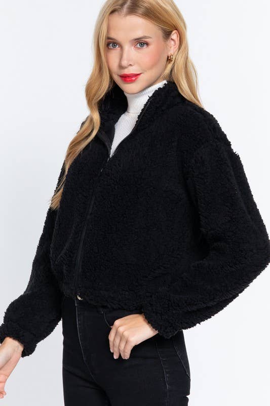 Long Sleeve Mock Neck Faux Fur Zip-up Jacket