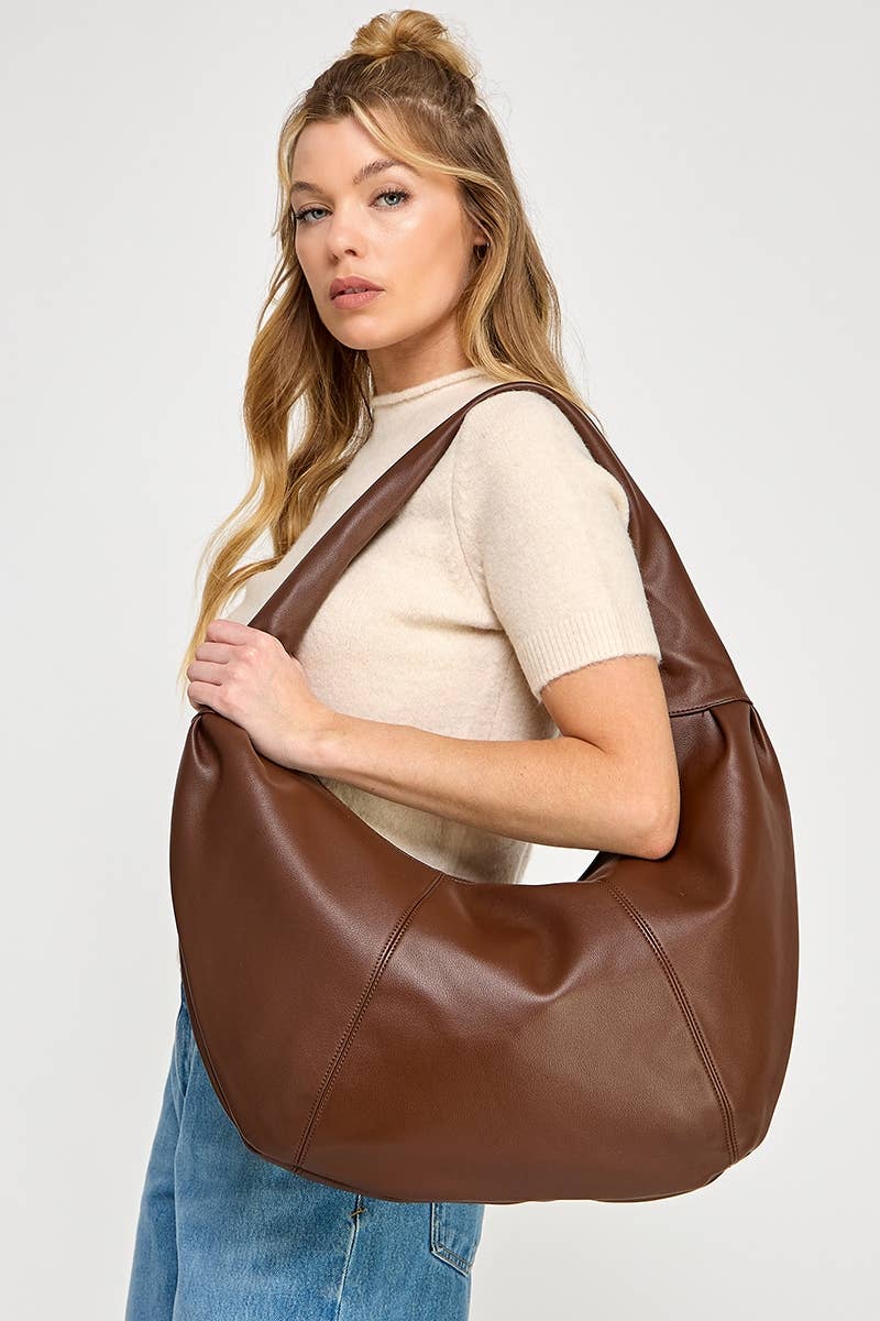 Panel Stitch Crescent Faux Leather Shoulder Bag
