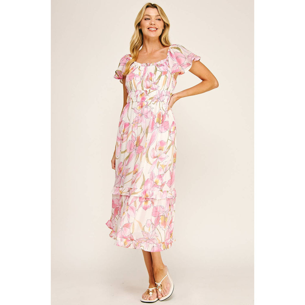 FLUTTER SLEEVE FLORAL TIERED MIDI DRESS