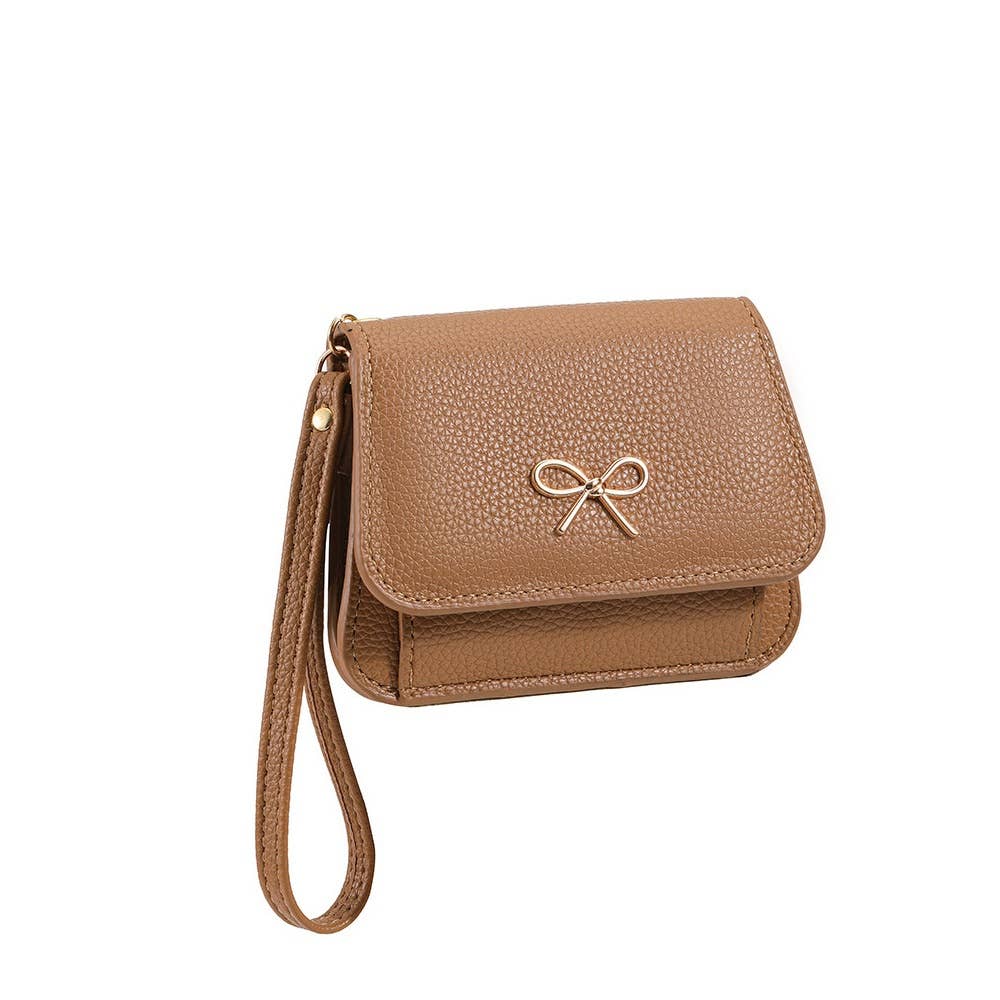 Bow Charm Vegan Leather Flap Wristlet