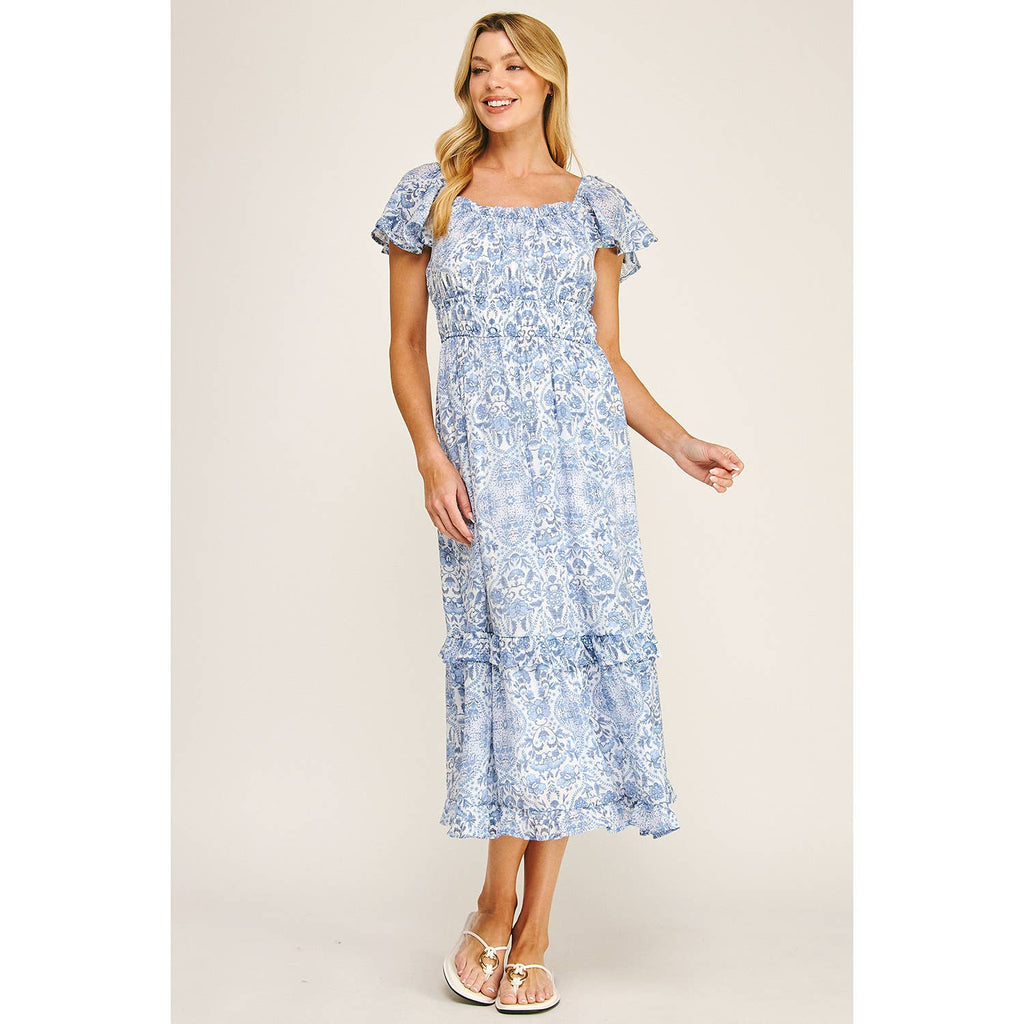 FLUTTER SLEEVE FLORAL TIERED MIDI DRESS