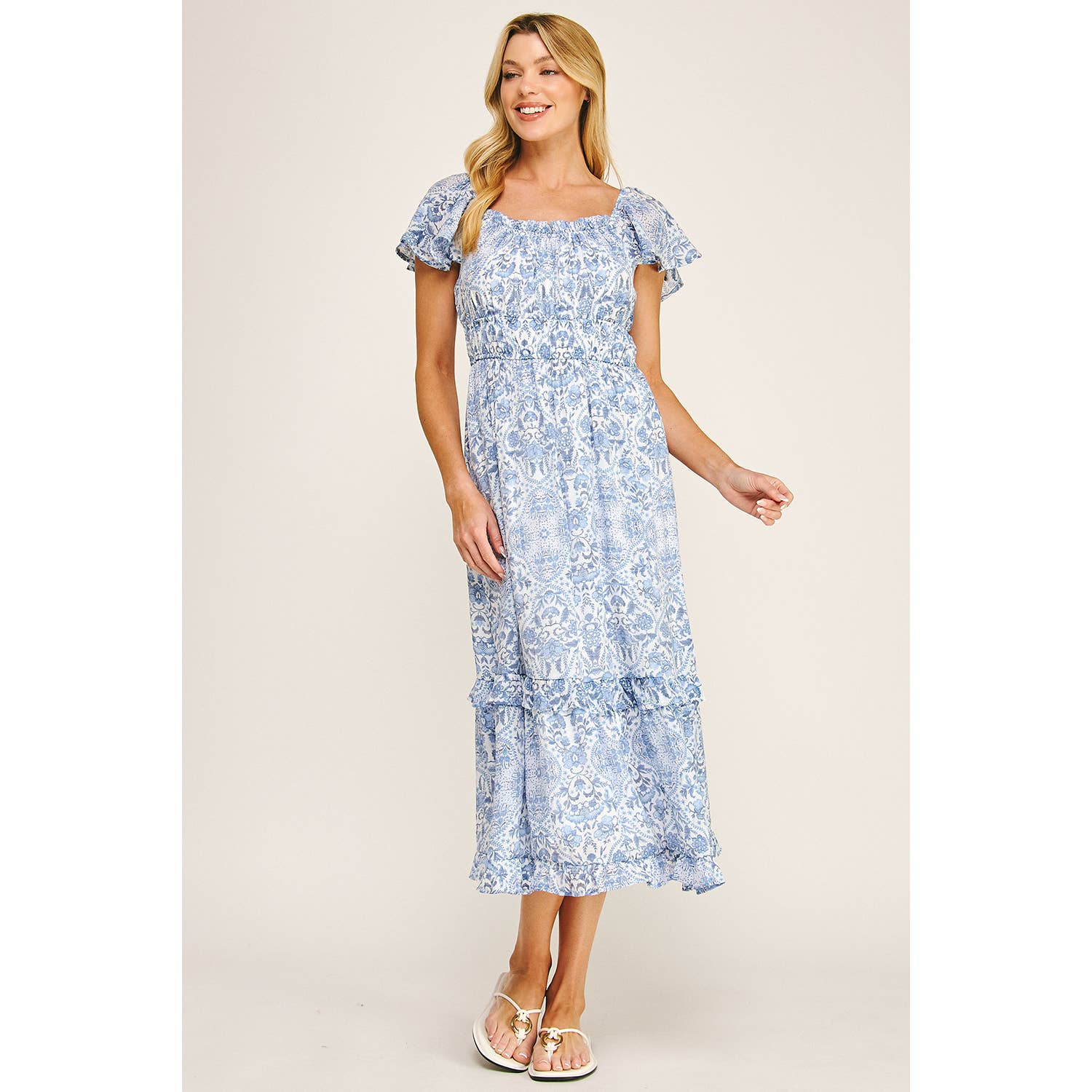 FLUTTER SLEEVE FLORAL TIERED MIDI DRESS