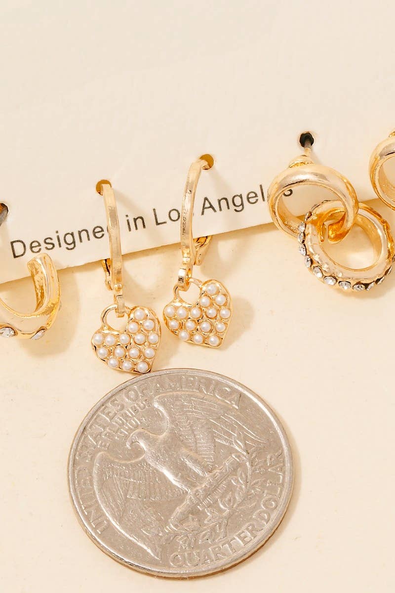 Mixed Pave Heart Stud And Hoop Earrings Set