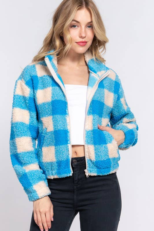 Long Sleeve Mock Neck Argyle Print Faux Fur Jacket