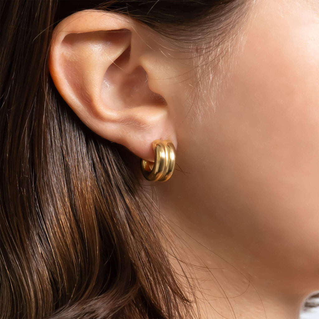 18K Gold Stainless Steel Double Hoop Stud Huggie Earrings