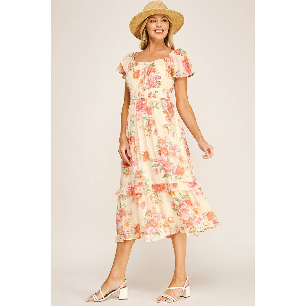 FLUTTER SLEEVE FLORAL TIERED MIDI DRESS