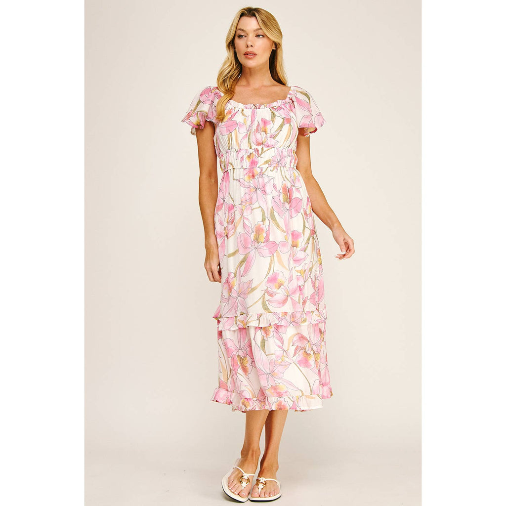 FLUTTER SLEEVE FLORAL TIERED MIDI DRESS