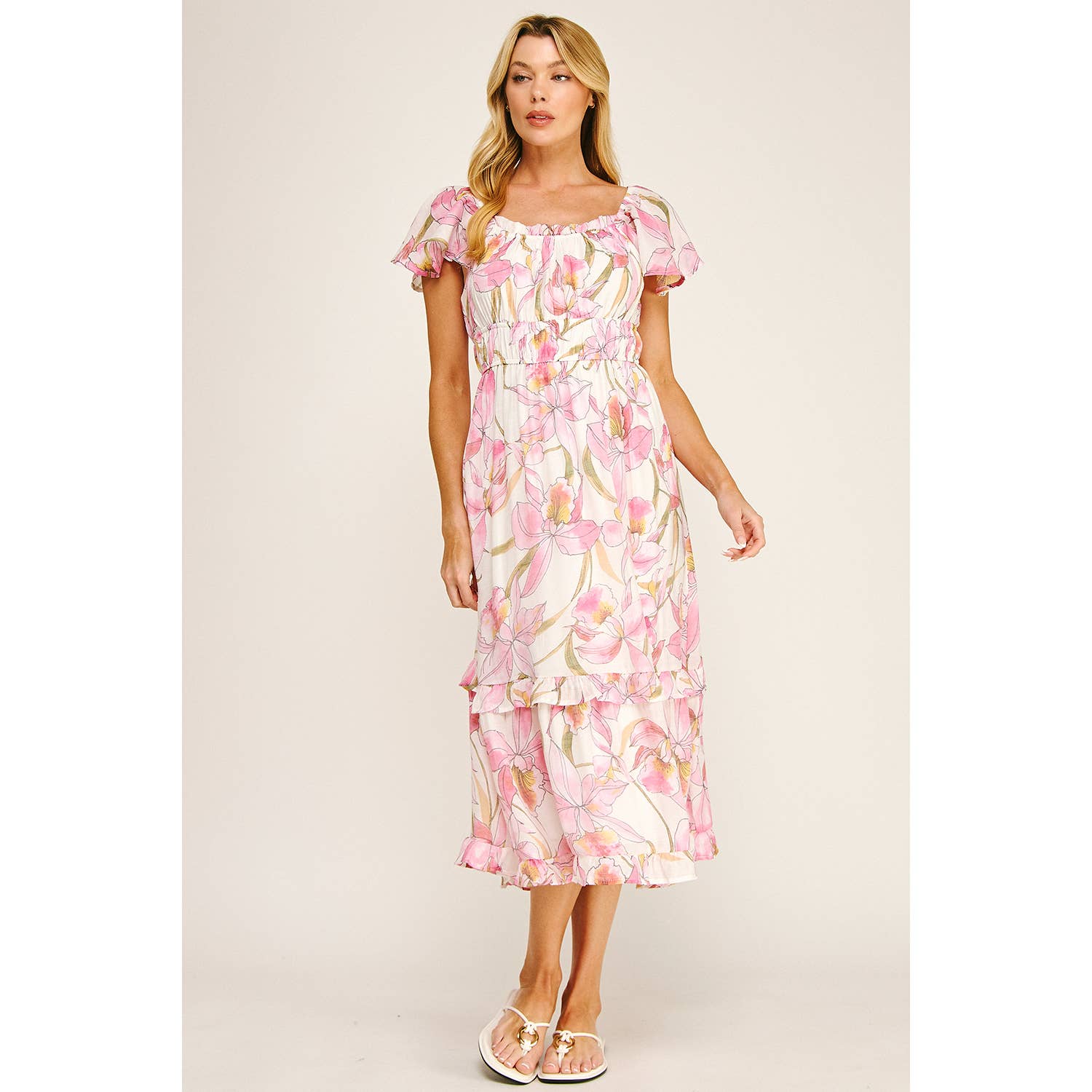 FLUTTER SLEEVE FLORAL TIERED MIDI DRESS
