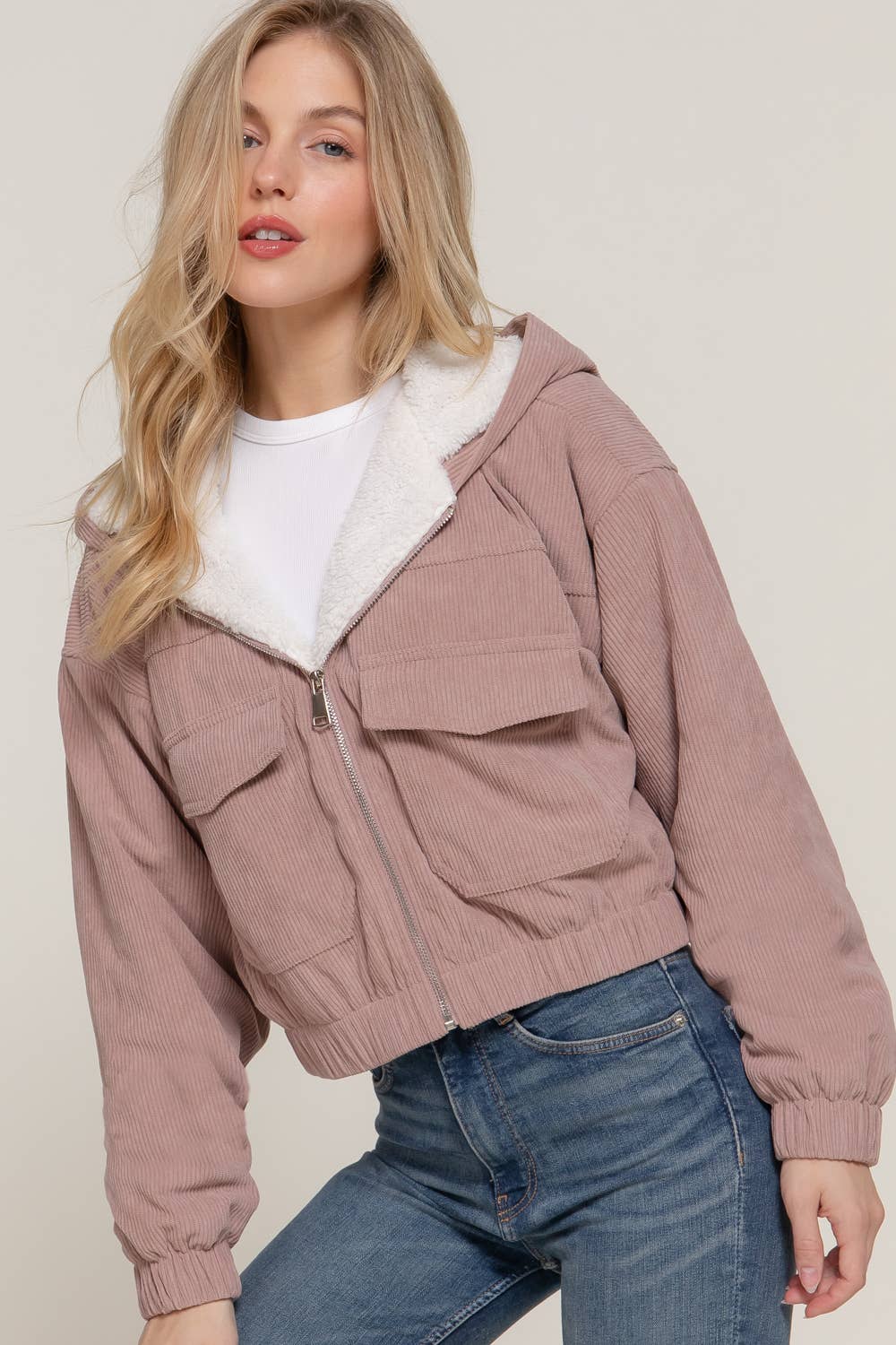 Long Sleeve Hoodie Inside Fur Corduroy Zip Up Jacket