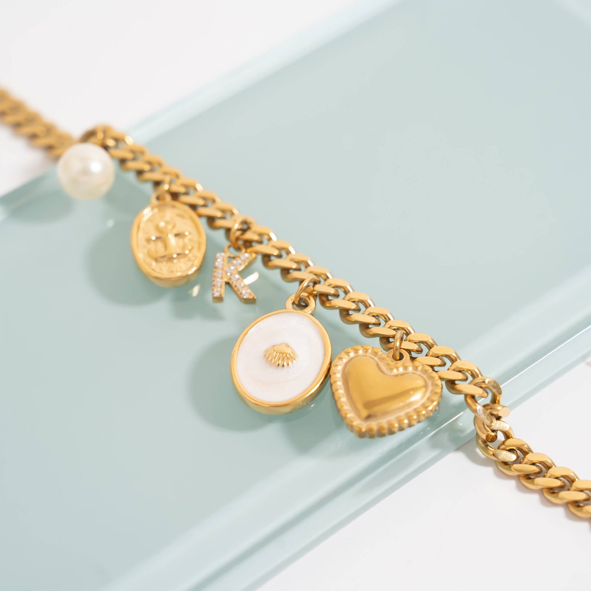 18K Gold PVD Stainless Steel Beaded Trim Heart Charm