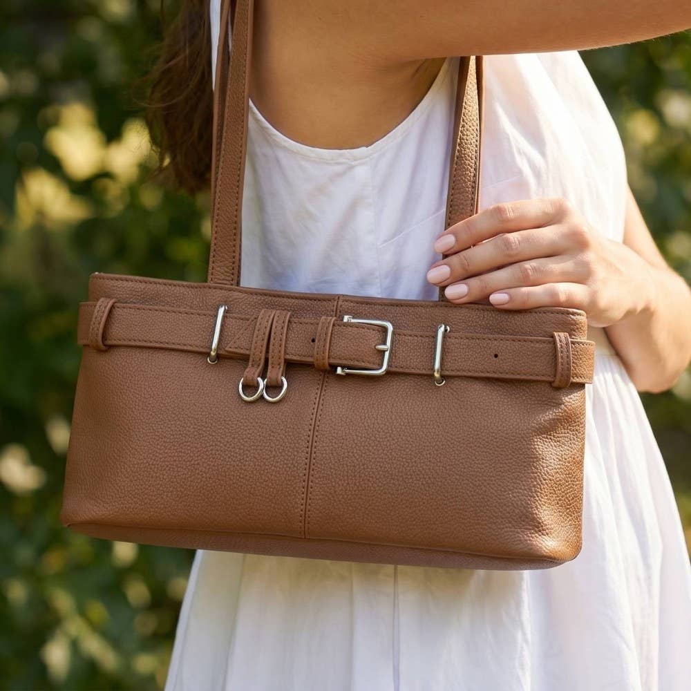 Belt Strap Textured Faux Leather Hand Bag