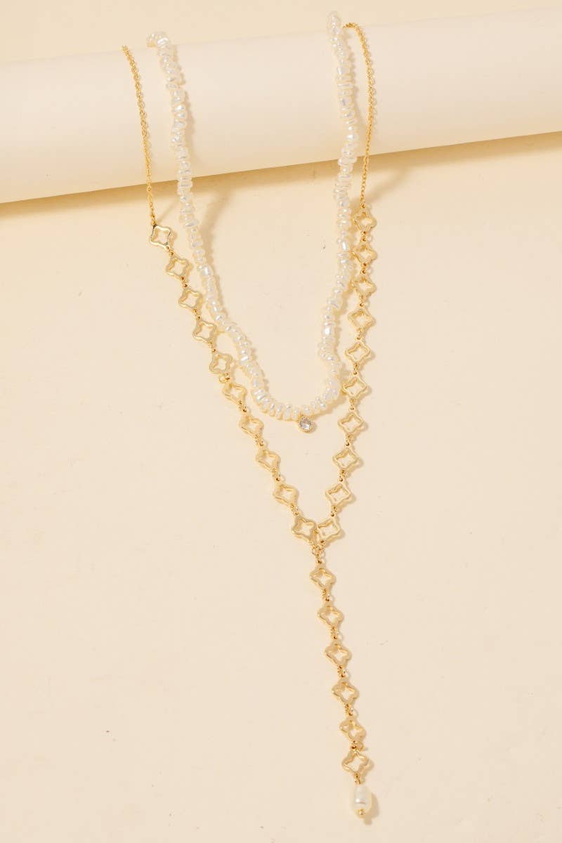 Pearl Beaded And Clover Y  Chain Layered Pendant Necklace