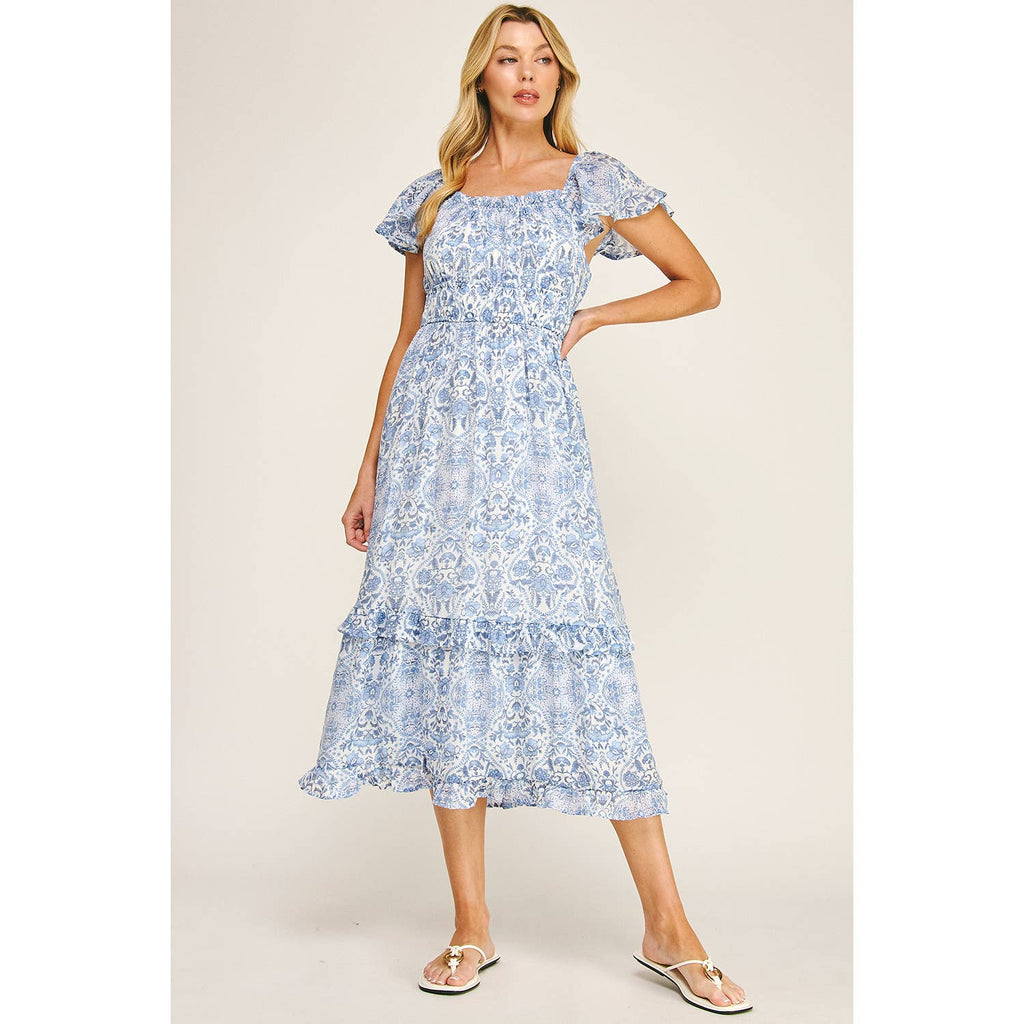 FLUTTER SLEEVE FLORAL TIERED MIDI DRESS