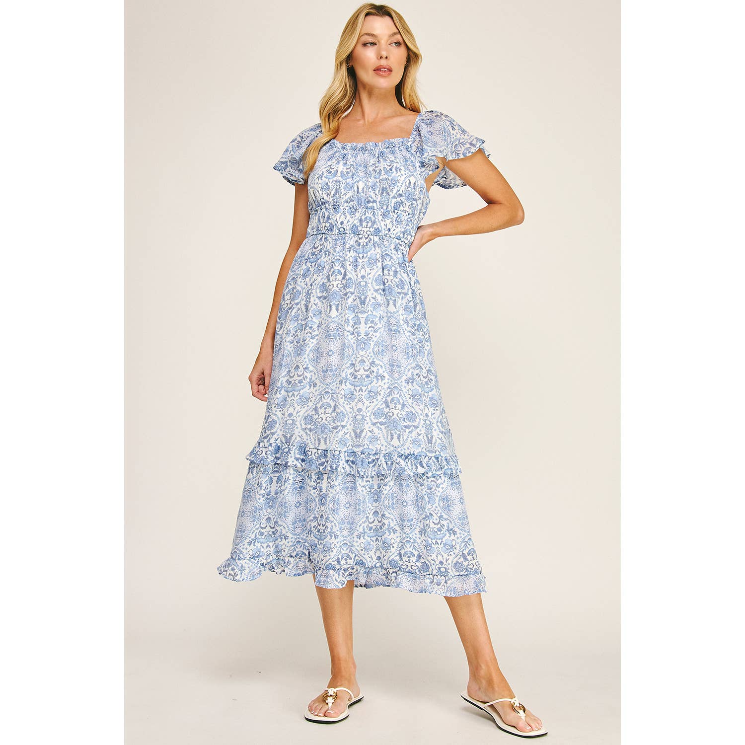 FLUTTER SLEEVE FLORAL TIERED MIDI DRESS