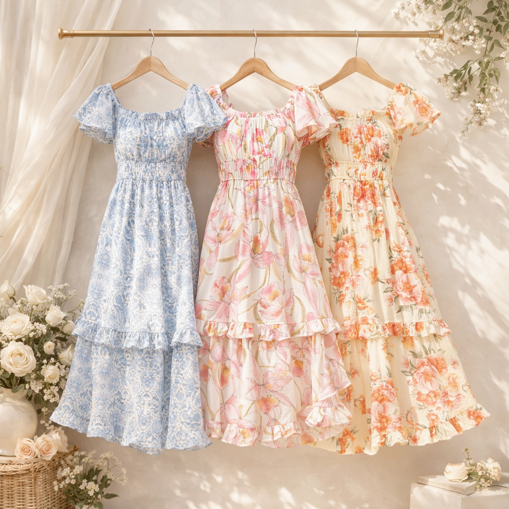 FLUTTER SLEEVE FLORAL TIERED MIDI DRESS