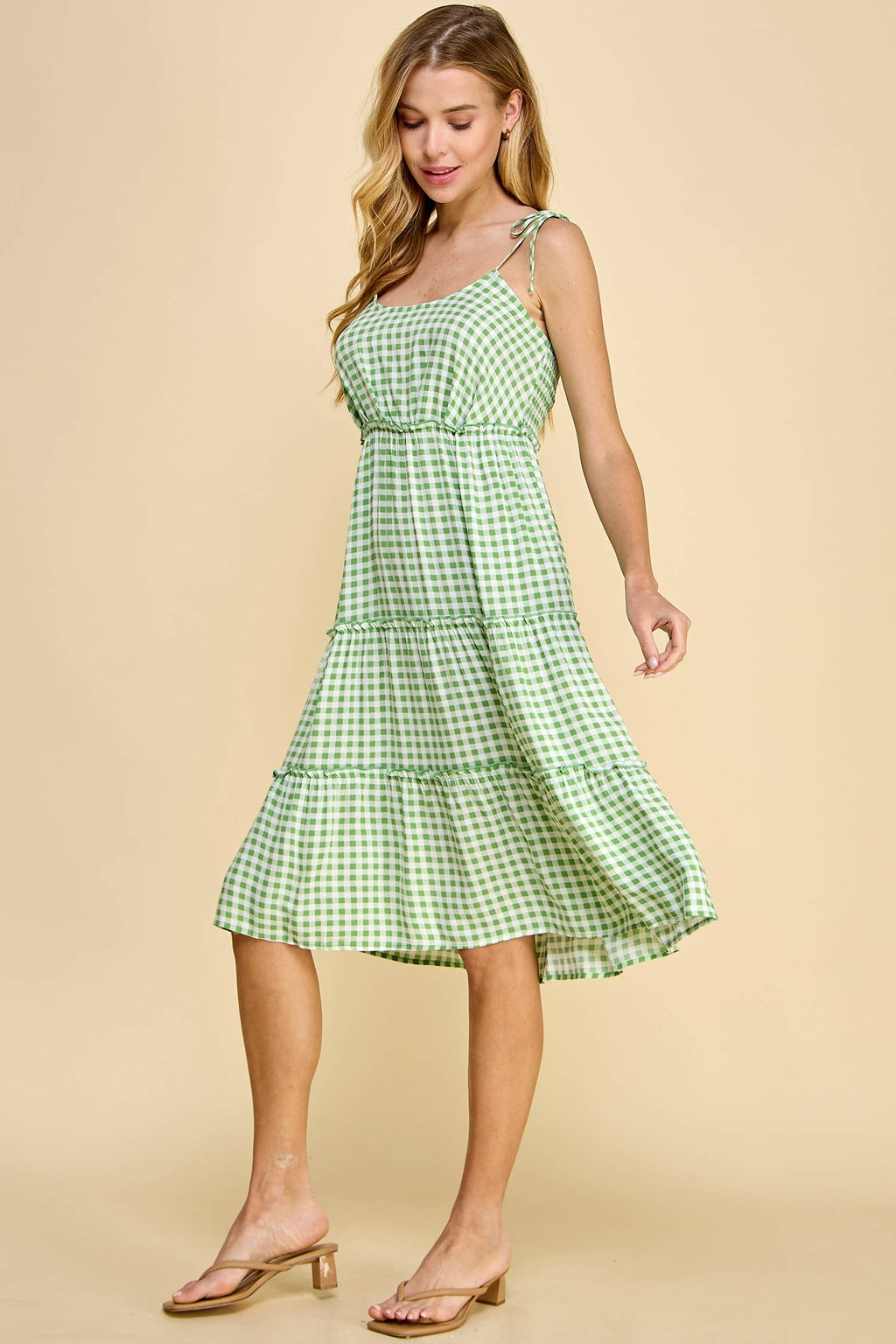TIE SHOULDER MIDI WITH TIEAR AND PLEAT DRESS