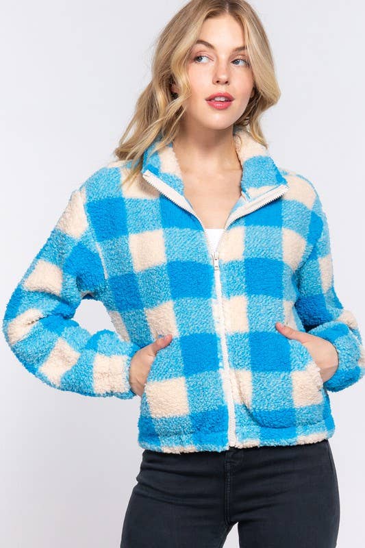 Long Sleeve Mock Neck Argyle Print Faux Fur Jacket