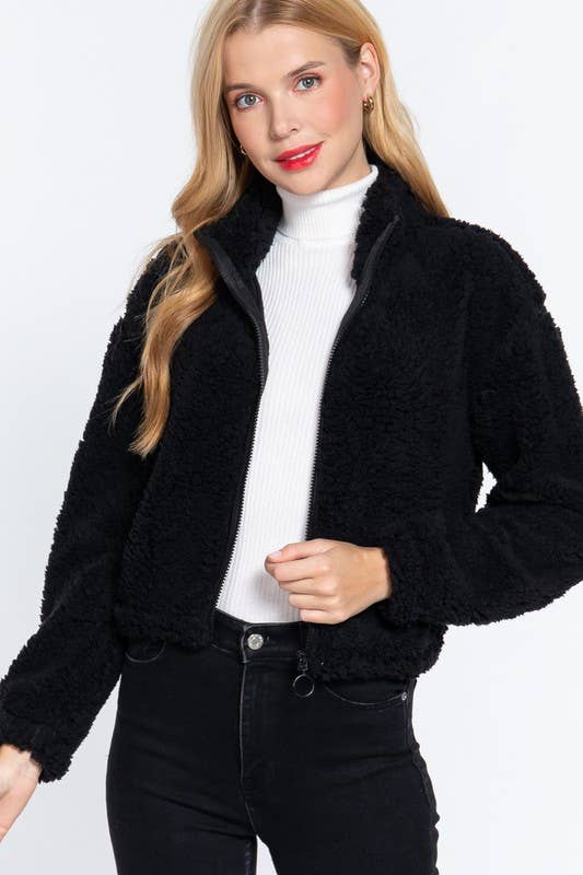Long Sleeve Mock Neck Faux Fur Zip-up Jacket