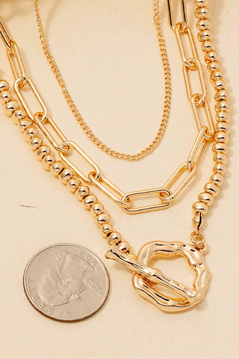 Warped Hoop Pendant Beaded And Chain Layered Necklace